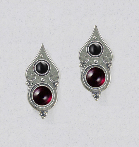 Sterling Silver Gothic Look Post Stud Earrings With Garnet And Black Onyx